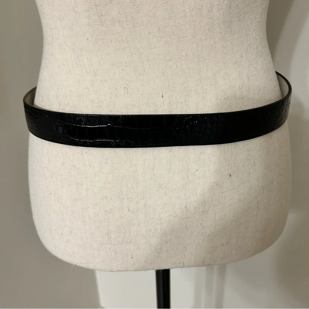 WHBM Black Croc-Embossed Belt with Silver Buckle SZ M